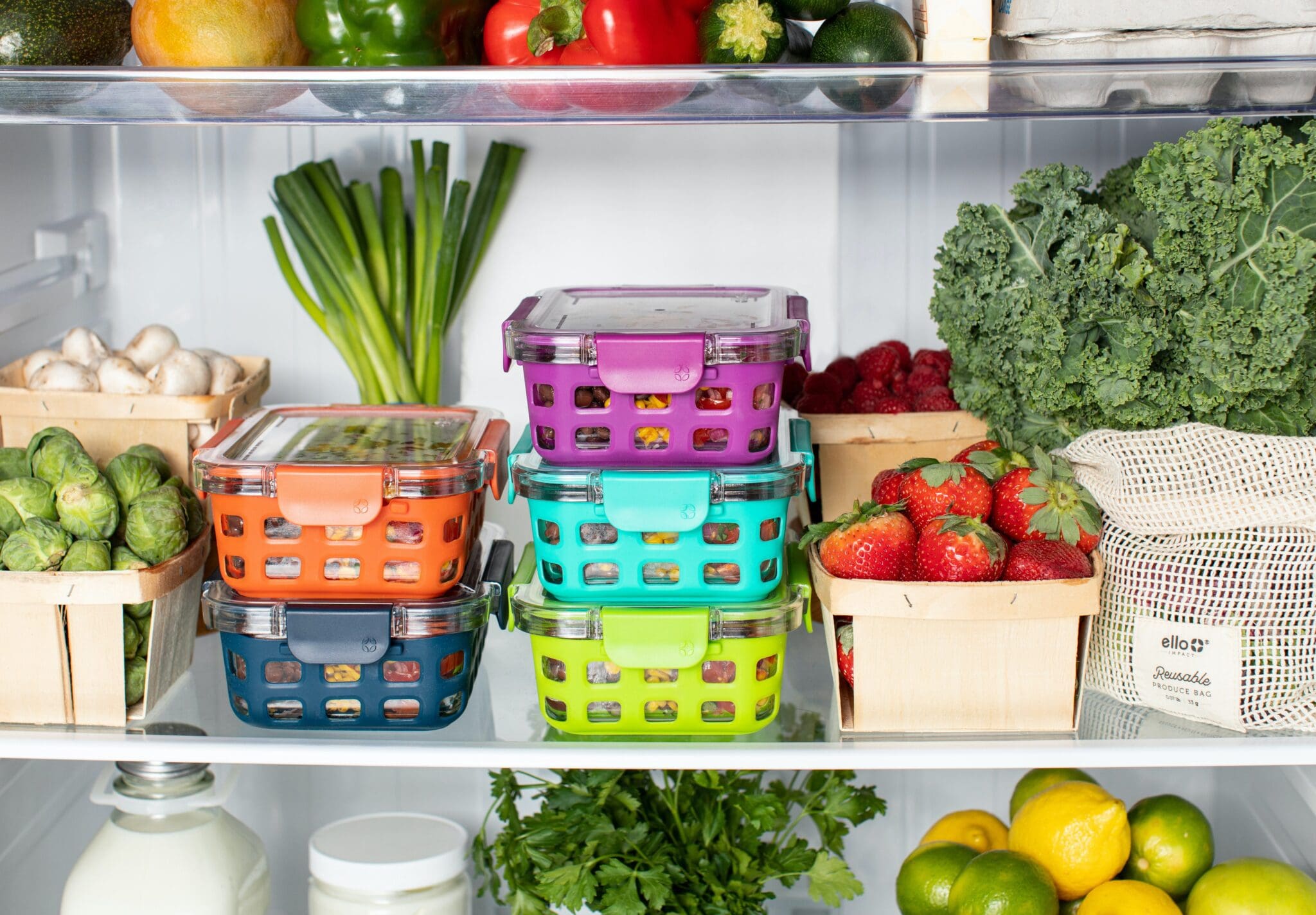 Organized refrigerator with fresh food and storage containers