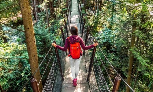 Canada travel people lifestyle banner. Tourist woman walking in famous attraction Capilano Suspension Bridge in North Vancouver, British Columbia, canadian vacation destination for tourism.