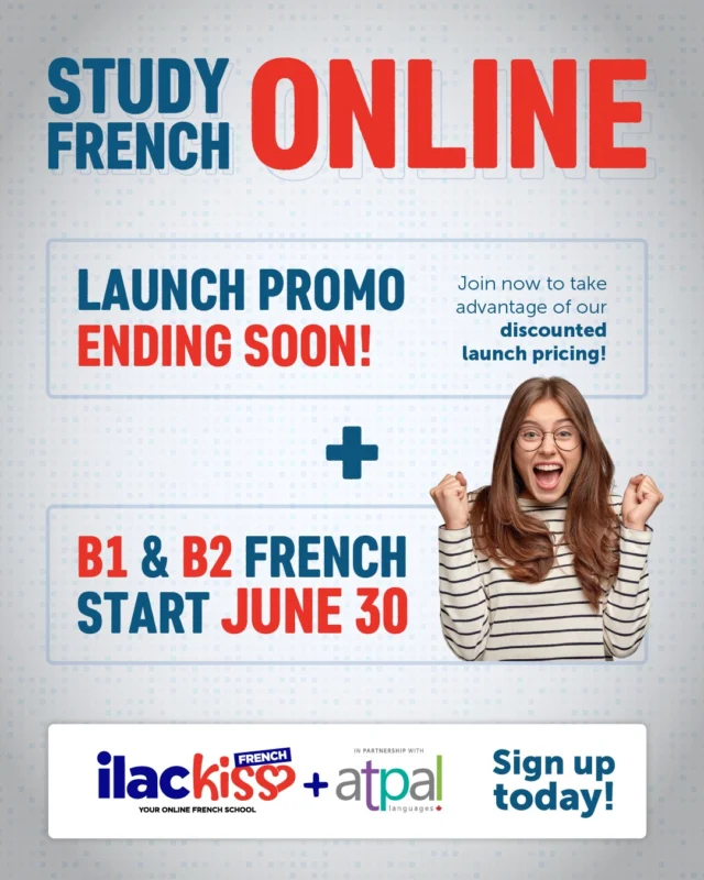 🇫🇷 This promo ends soon! ⏰

Want to level up your French for Canada? B1 & B2 courses start June 30th and the timing is perfect 🙌

Here's what's happening:

Online classes that actually work with your schedule
Real instructors (not just apps!)
20 classes a week for serious learners
Perfect for Canadian immigration or school requirements

The best part? Right now:
📚 Sign up for 7 weeks = 1 free week thrown in
📚 Go for 14 weeks = 2 free weeks (!)
💰 Only $100/week

Don't miss out! 
Ready to finally get fluent? Visit: https://ilac.com/kiss-french/

#LearnFrench #OnlineFrench #ILACKissFrench #FrenchClasses #CanadianImmigration #cometoCanada #studyinCanada