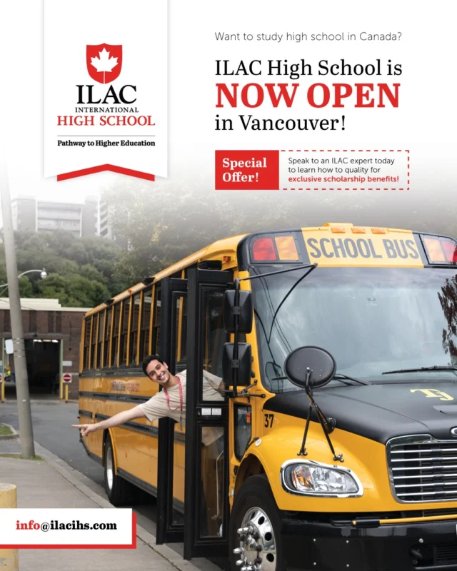 🎓 Exciting news! ILAC is opening a brand new international high school in Vancouver this September! 🇨🇦✨

After a successful first year in Toronto, we’re bringing our unique high school model to the West Coast — with small class sizes, ESL support, and a diverse, inclusive environment that sets students up for success.

📍Located in beautiful Coal Harbour, ILAC International High School Vancouver offers:
✅ Pathways to 300+ universities & colleges
✅ B.C. Graduation Diploma (Dogwood)
✅ Grades 10–11 with STEM, Humanities & Engineering tracks
✅ A true Canadian high school experience

Want to learn more? Visit ilacihs.com or email info@ilacihs.com 💌